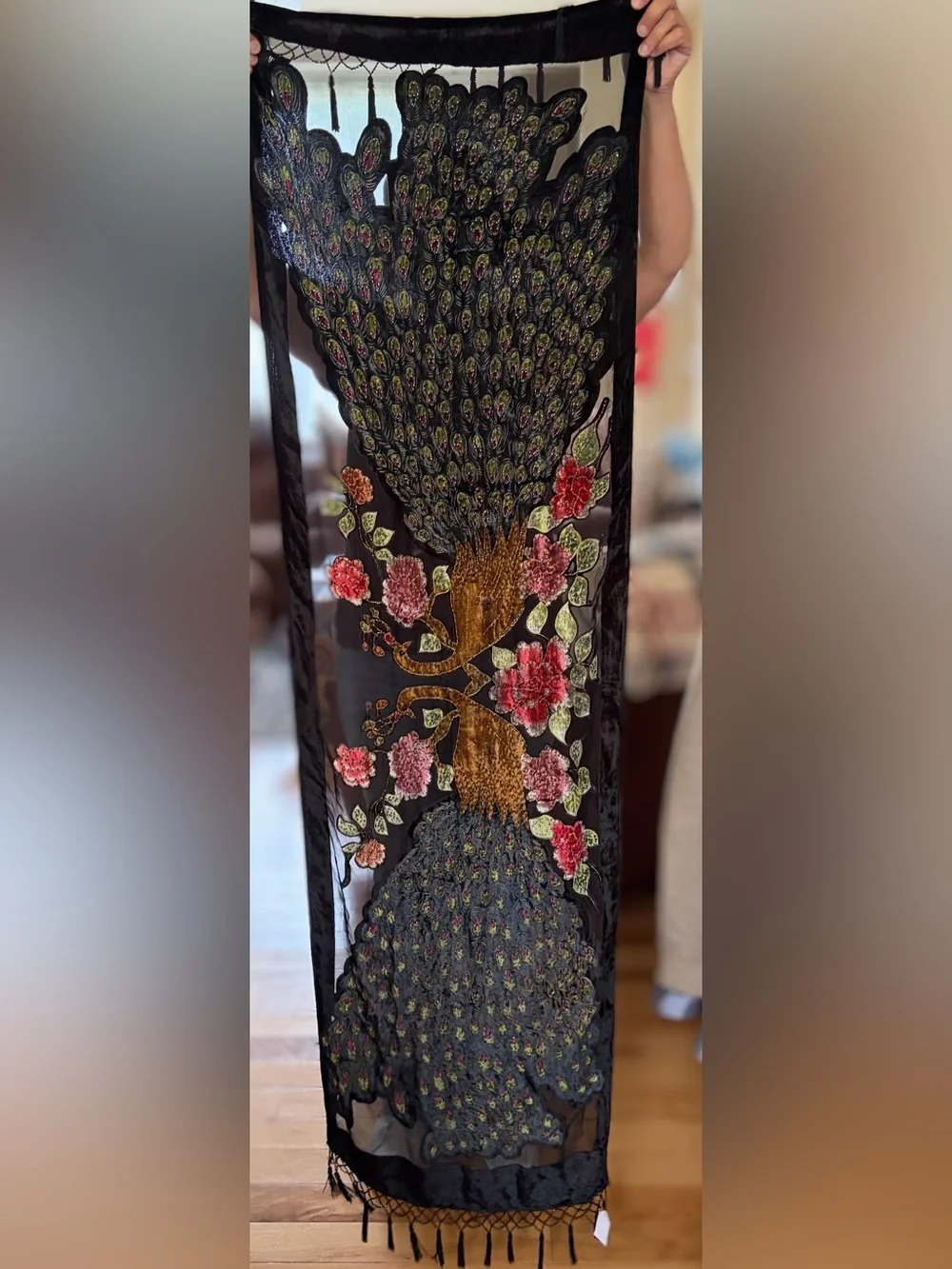 Embroidered Velvet Peacock Scarf with Floral Motif